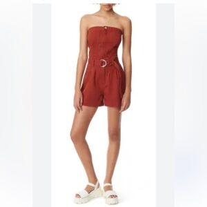 Circus NY Strapless Belted Twill Romper in Brandy Brown